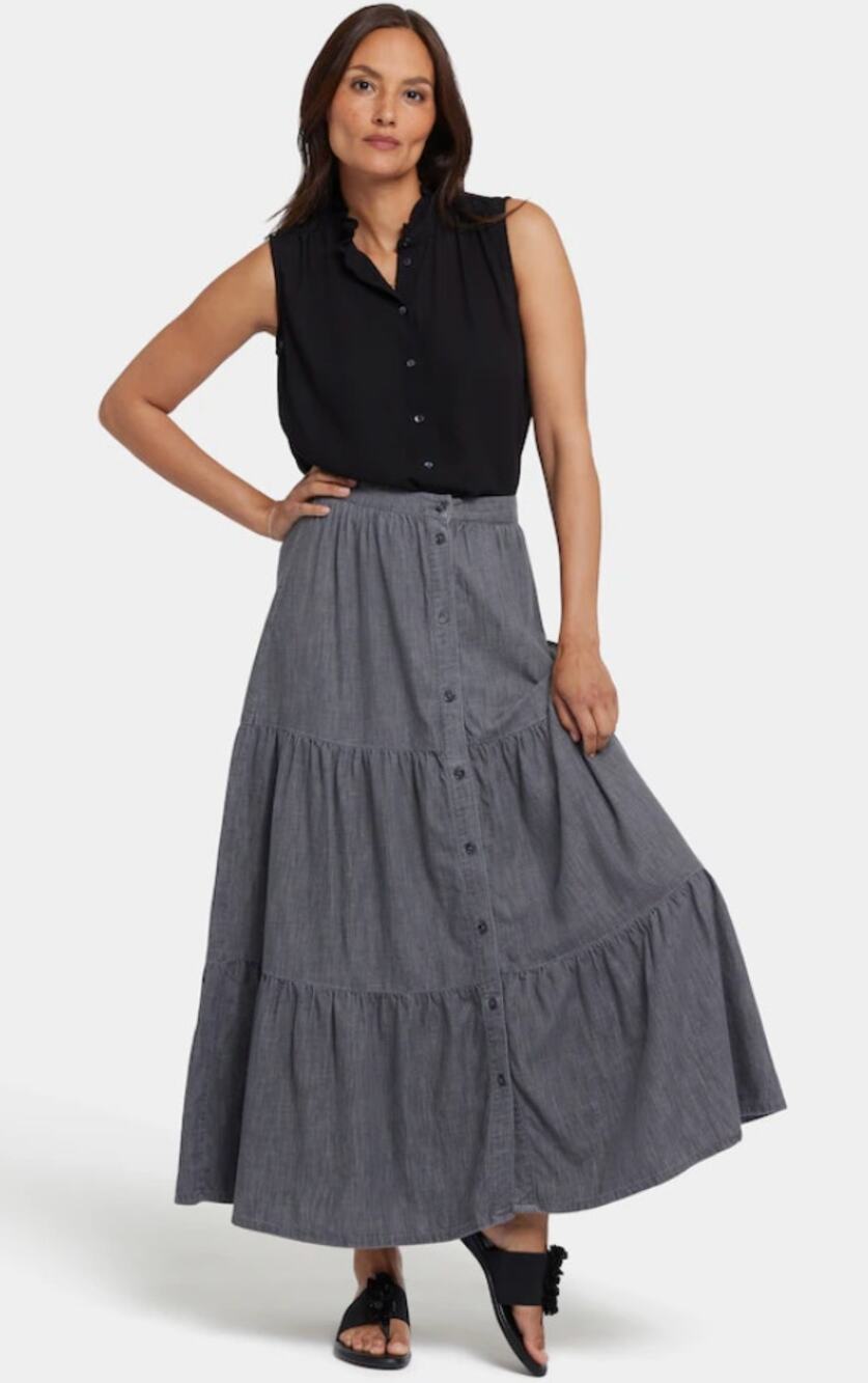 NYDJ Tiered Button Front Maxi Skirt Denim Grey Womens Size Large New Elastic
